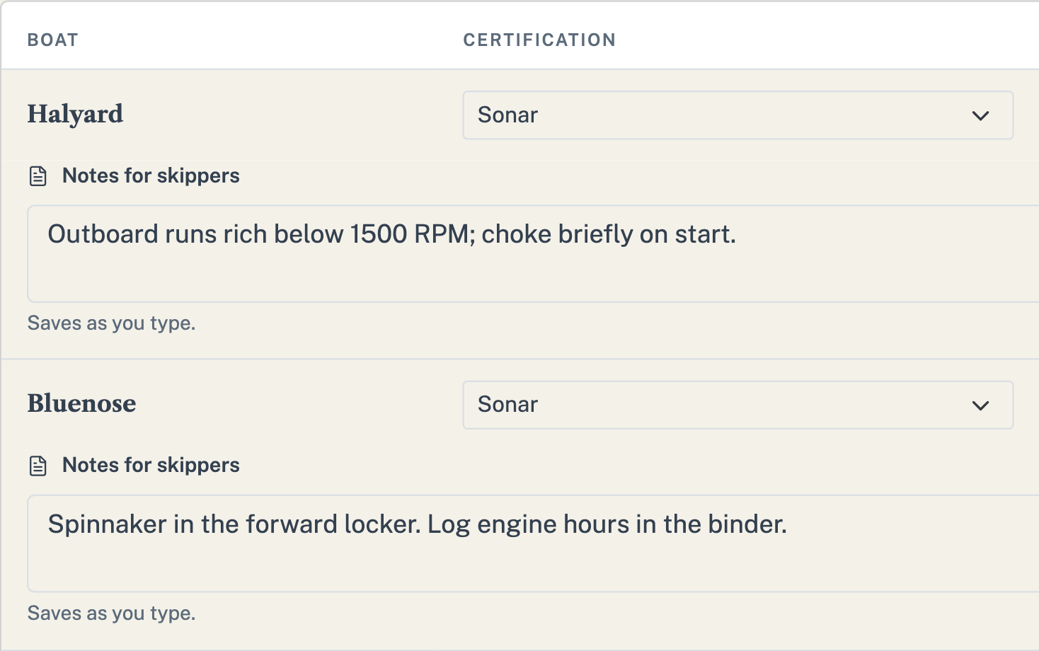 Fleet list showing each boat, its certification, and notes for skippers