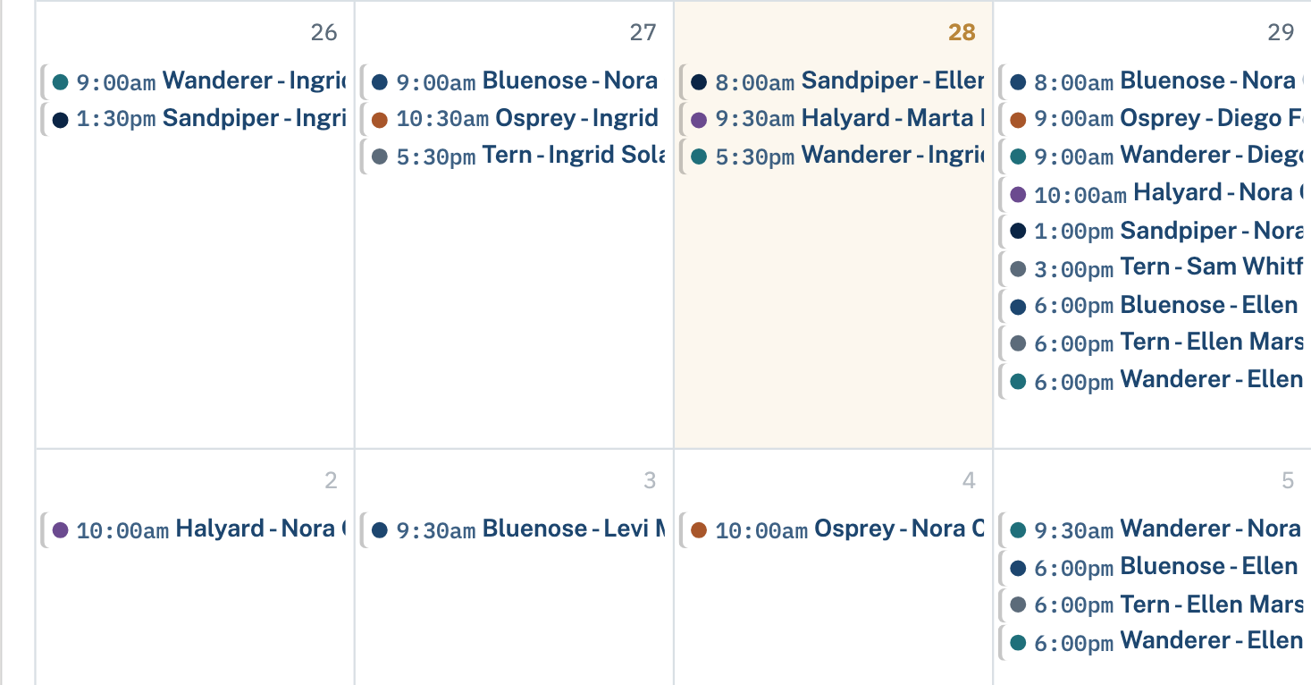 Month view of the club calendar with every boat reservation listed by day