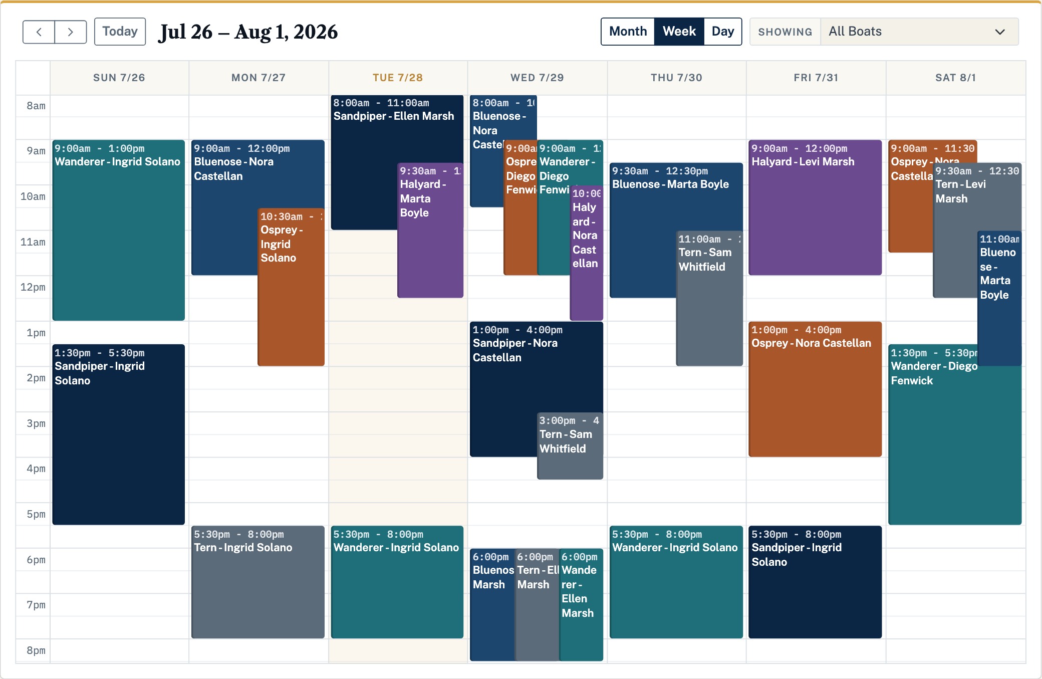Dockside week calendar showing boat reservations by day