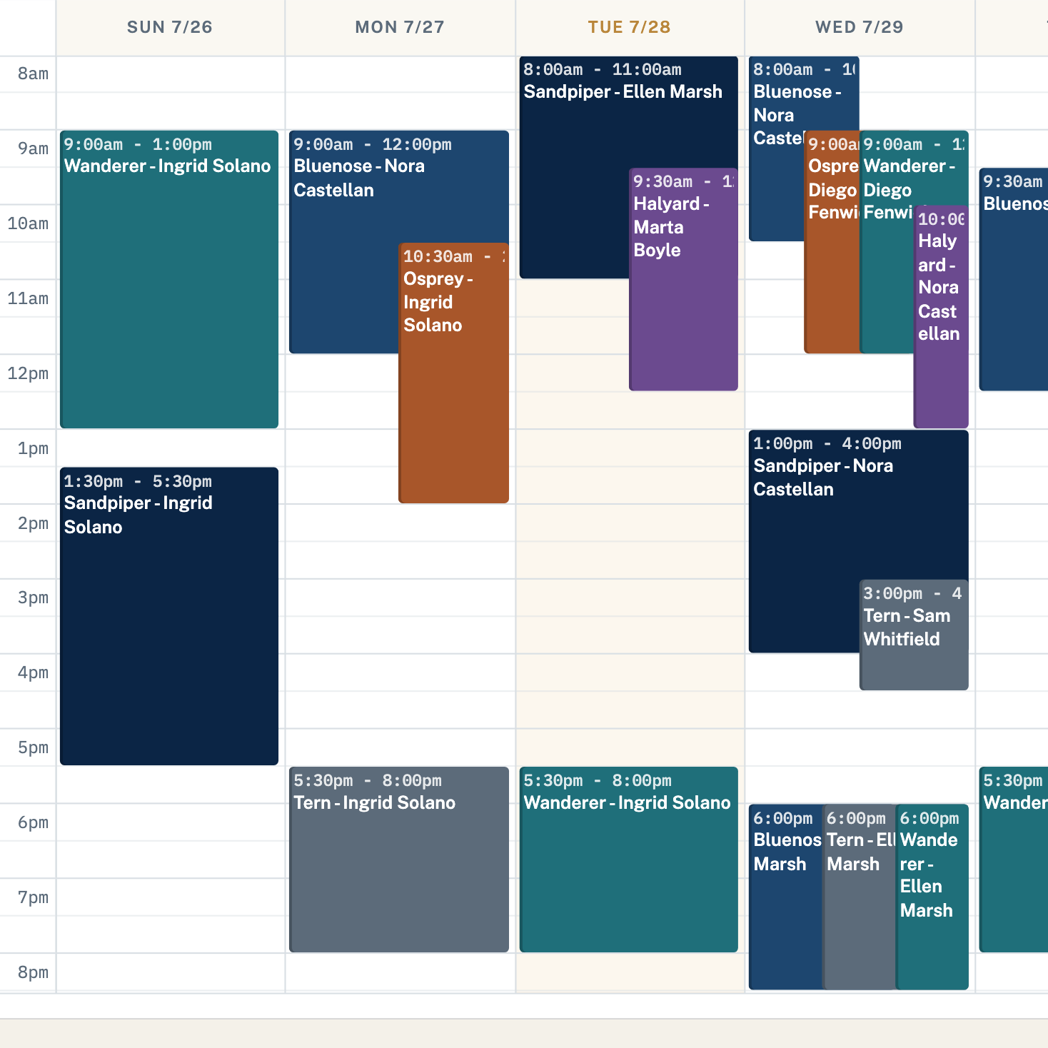 Week grid with overlapping boat reservations